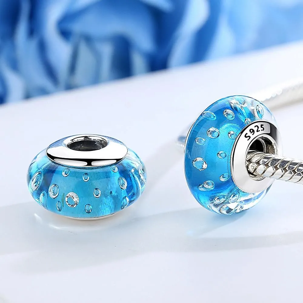 Solid 925 Sterling Silver Sky Blue Bubbles Inclusion Murano Glass Charm