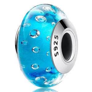 Solid 925 Sterling Silver Sky Blue Bubbles Inclusion Murano Glass Charm