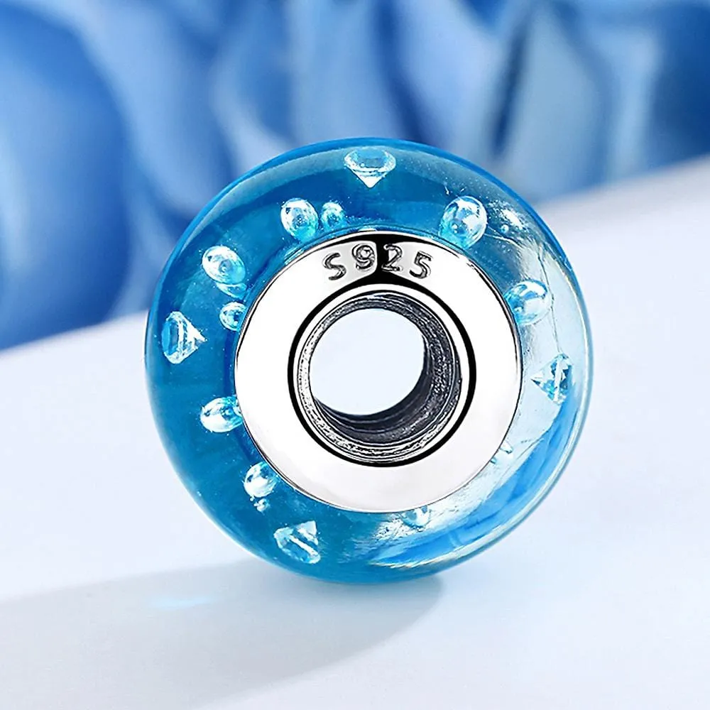 Solid 925 Sterling Silver Sky Blue Bubbles Inclusion Murano Glass Charm