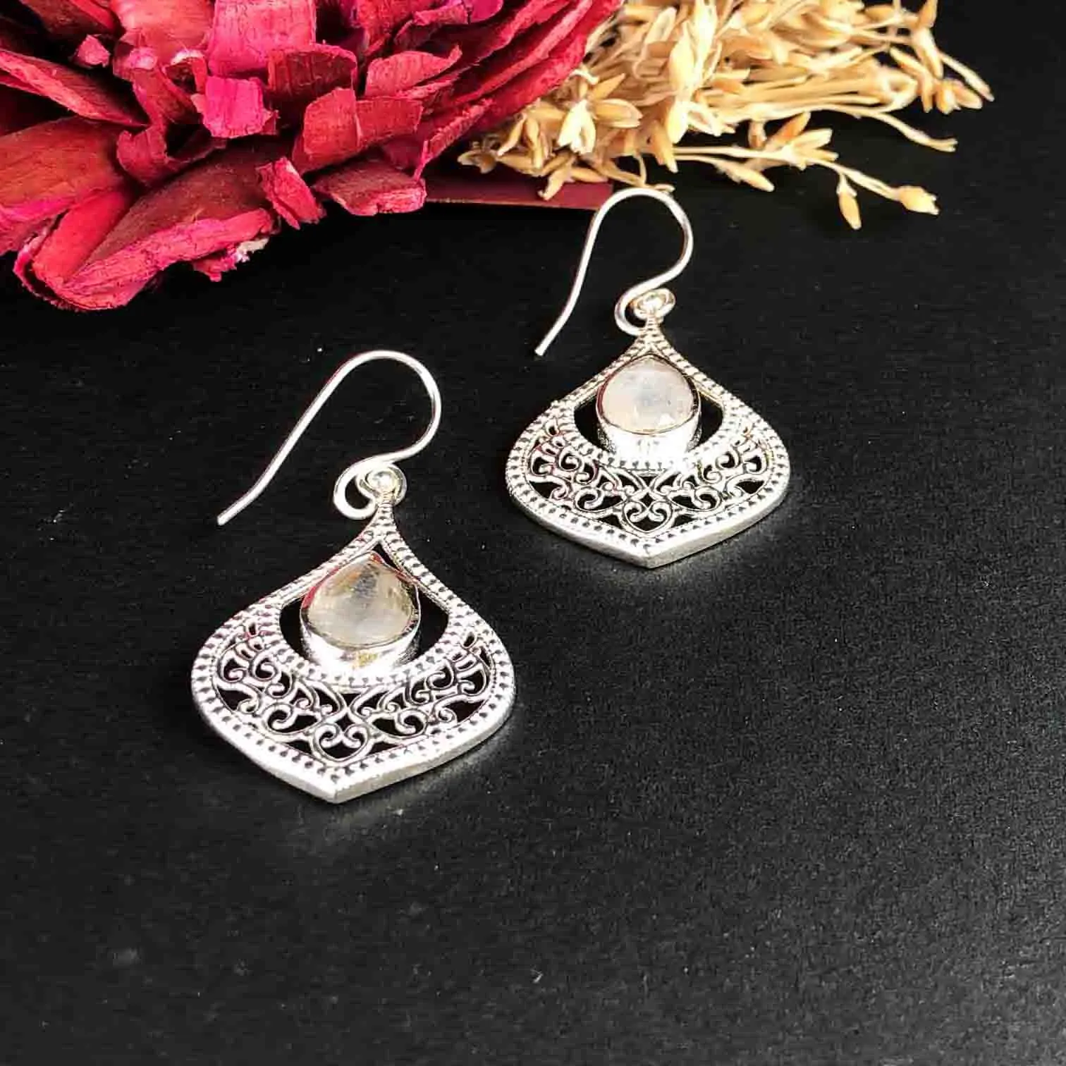 Sophisticated White Moonstone Earrings Made of Brass Silver Polished Danglers