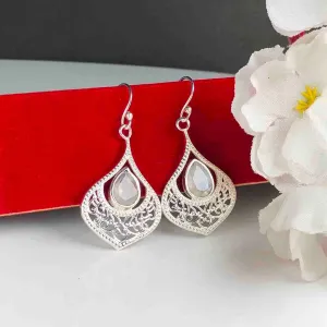 Sophisticated White Moonstone Earrings Made of Brass Silver Polished Danglers