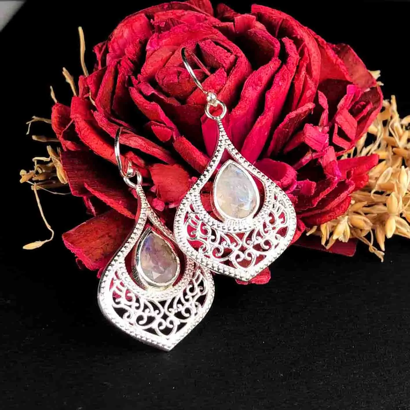 Sophisticated White Moonstone Earrings Made of Brass Silver Polished Danglers