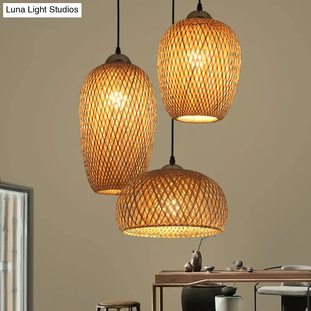South-East Asian Bamboo Pendant Light with 3 Handmade Shades for Restaurant Ambiance