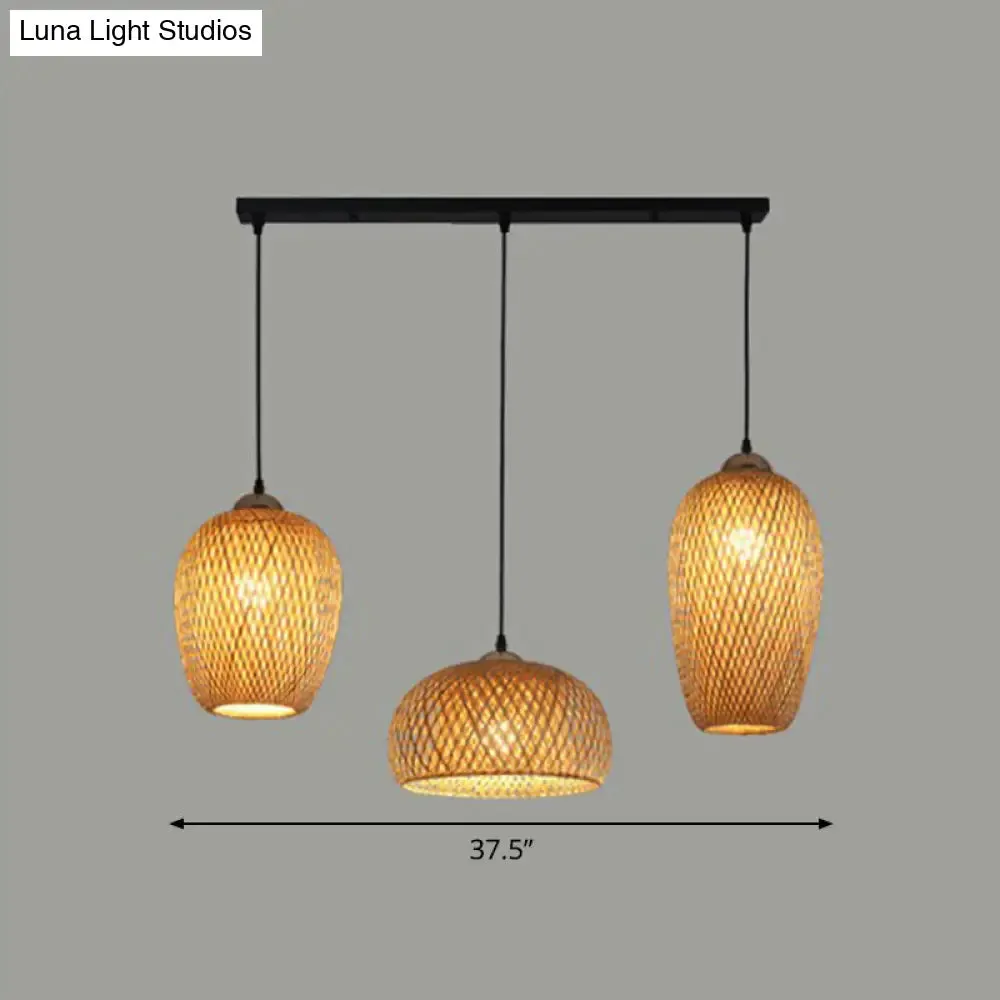 South-East Asian Bamboo Pendant Light with 3 Handmade Shades for Restaurant Ambiance