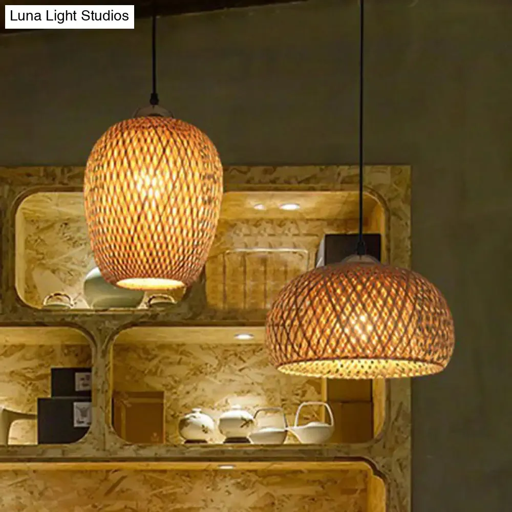 South-East Asian Bamboo Pendant Light with 3 Handmade Shades for Restaurant Ambiance