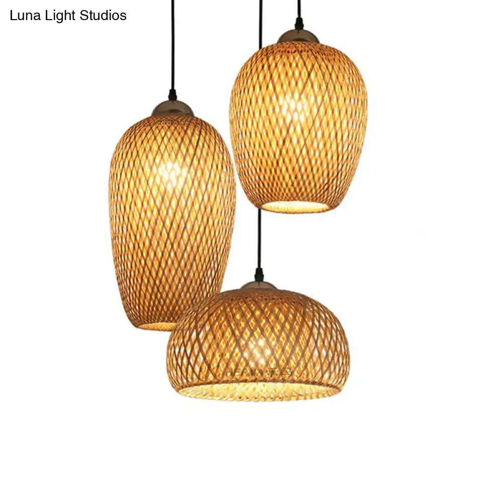 South-East Asian Bamboo Pendant Light with 3 Handmade Shades for Restaurant Ambiance