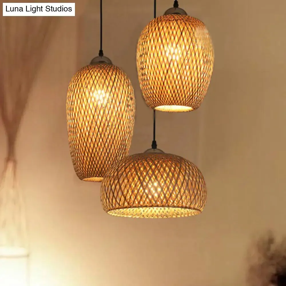 South-East Asian Bamboo Pendant Light with 3 Handmade Shades for Restaurant Ambiance