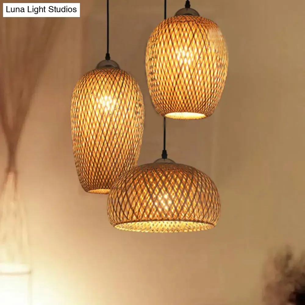 South-East Asian Bamboo Pendant Light with 3 Handmade Shades for Restaurant Ambiance