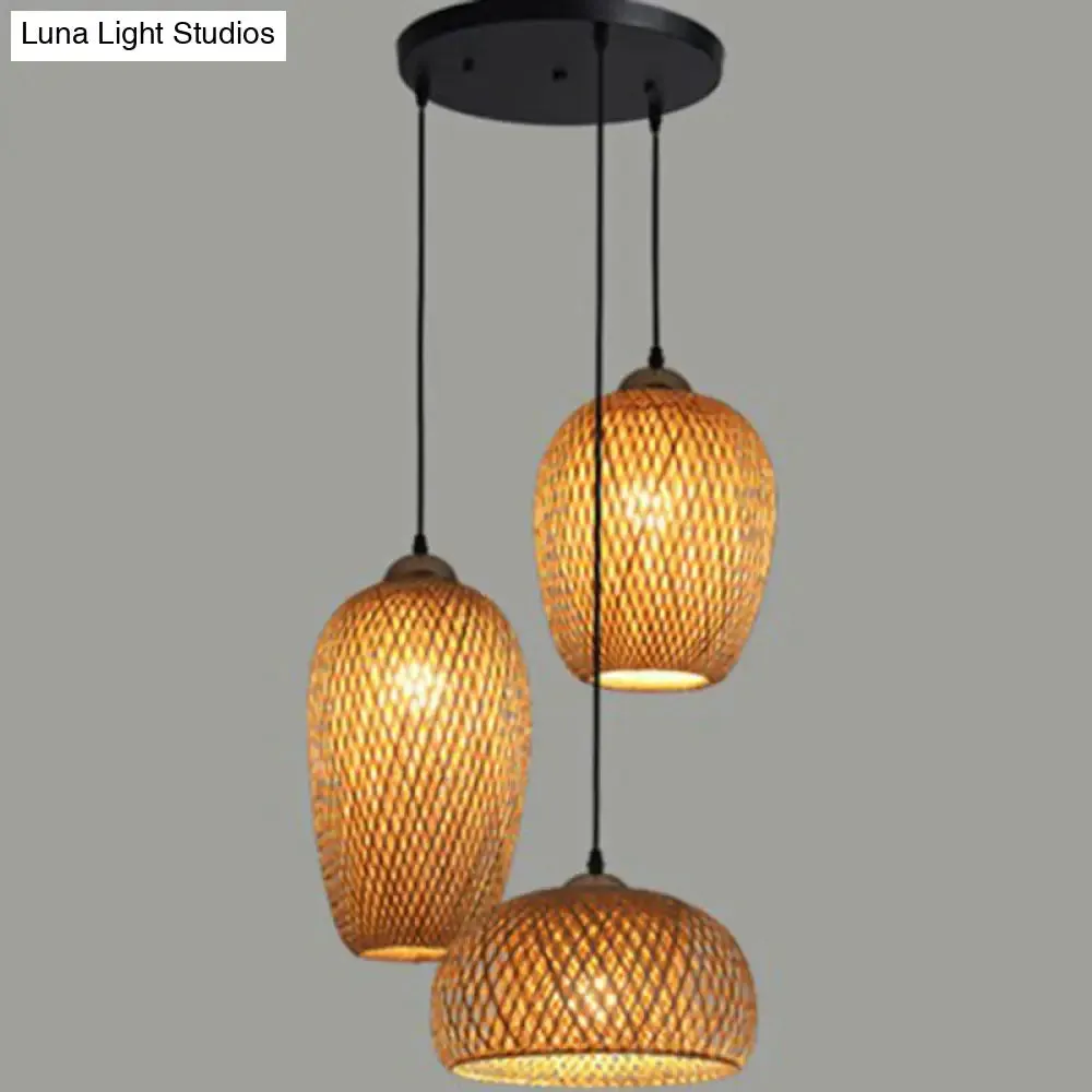 South-East Asian Bamboo Pendant Light with 3 Handmade Shades for Restaurant Ambiance
