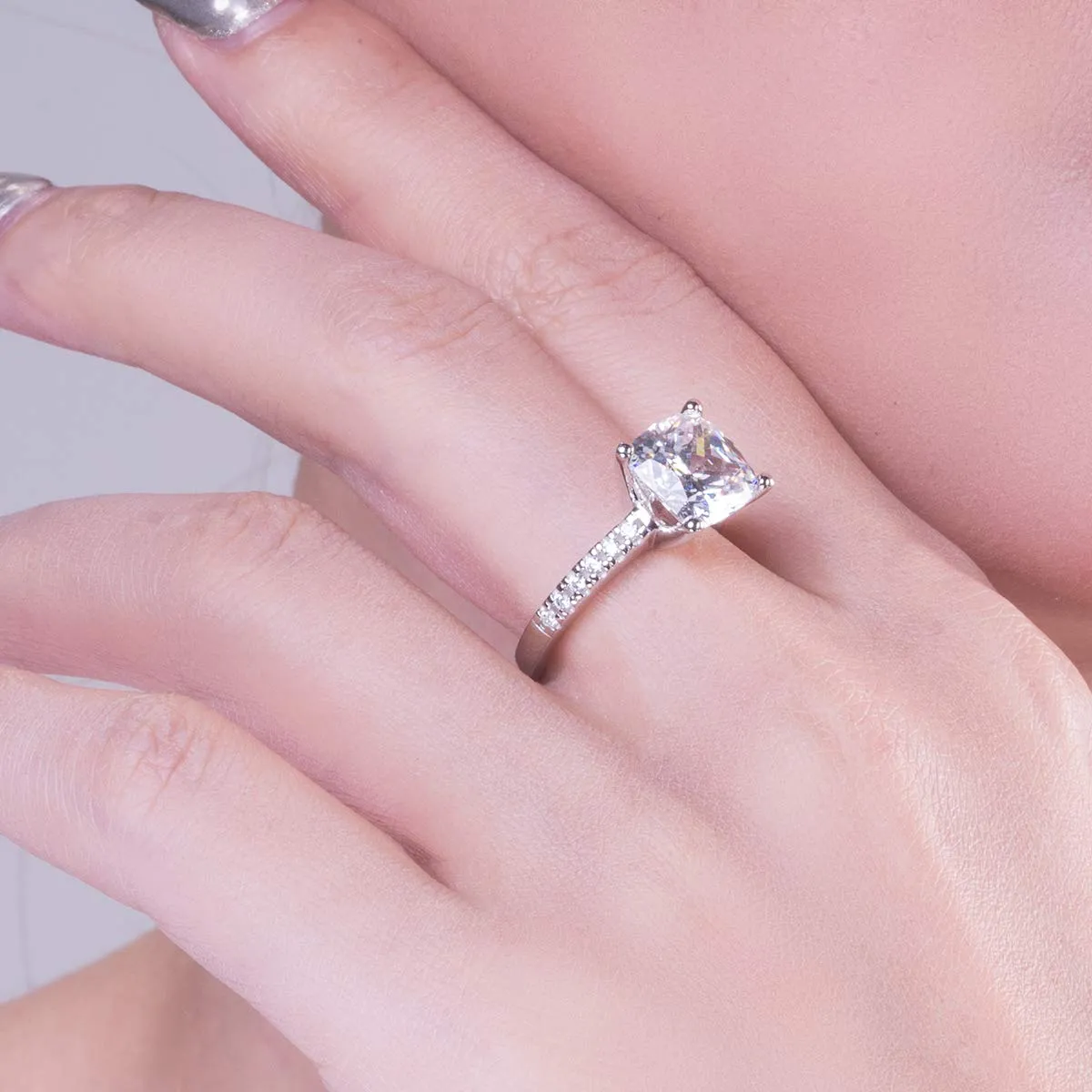 Square Cushion Cut Engagement Ring in Sterling Silver