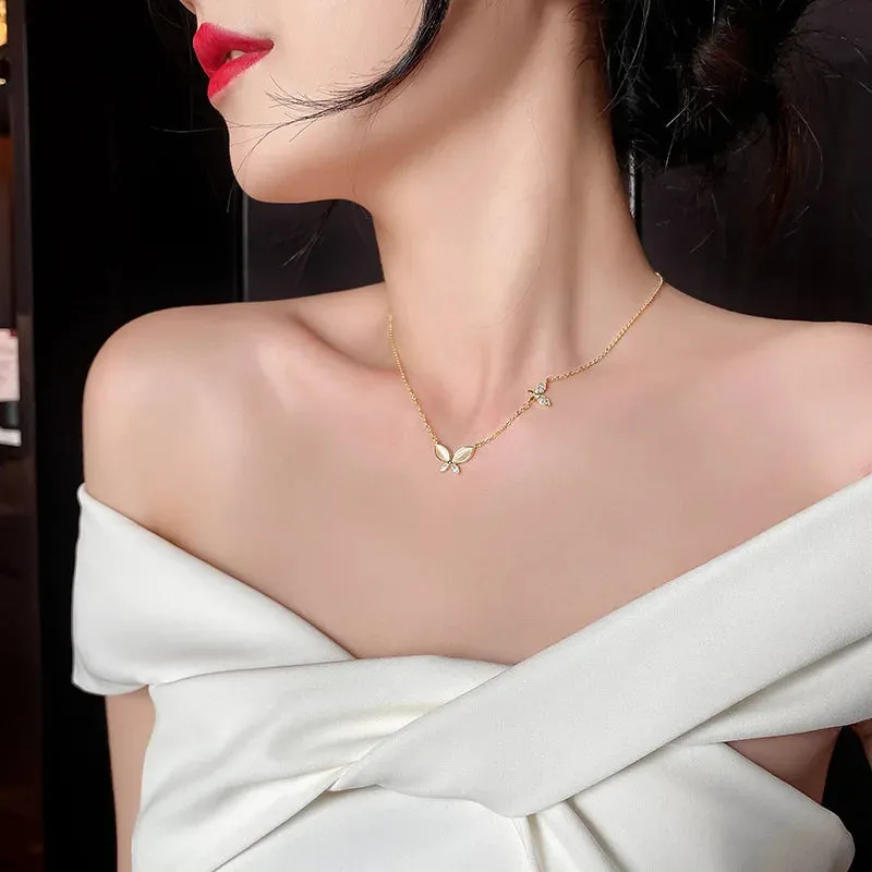 Stainless steel zircon opal butterfly pendant necklace