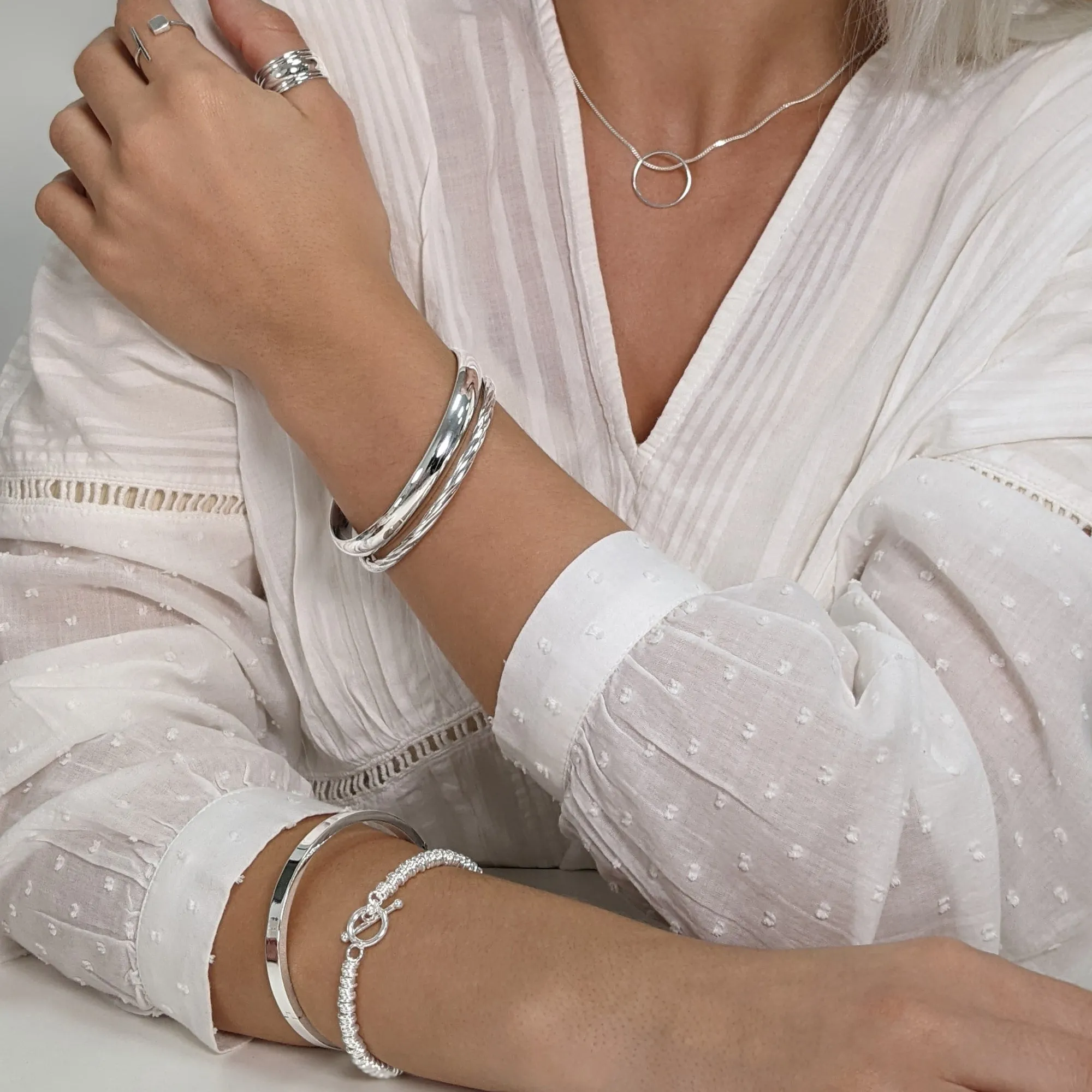 Sterling Silver Simple D-Shaped Wide Round Bangle - Classic Stacking Bracelet