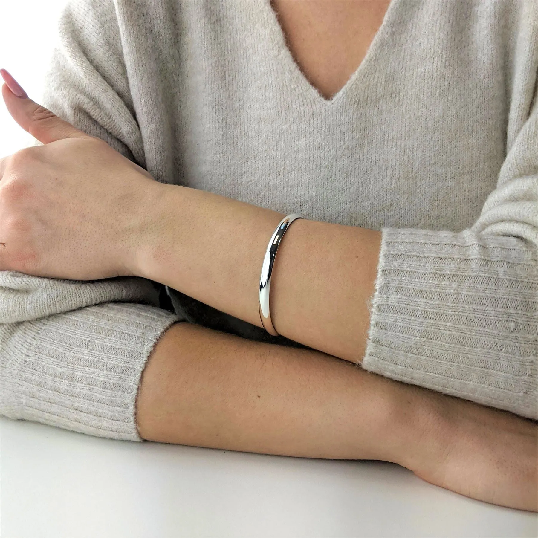 Sterling Silver Simple D-Shaped Wide Round Bangle - Classic Stacking Bracelet