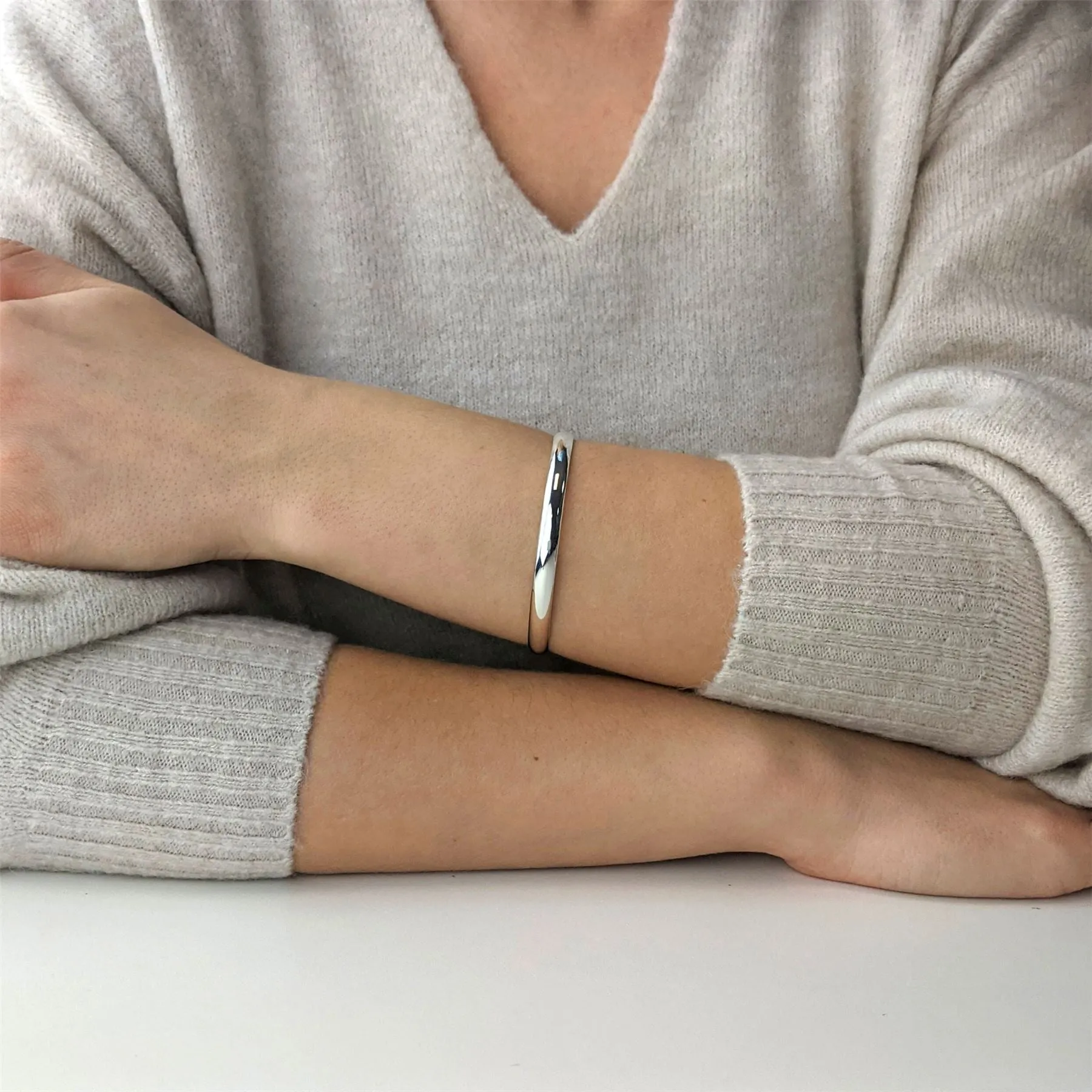 Sterling Silver Simple D-Shaped Wide Round Bangle - Classic Stacking Bracelet