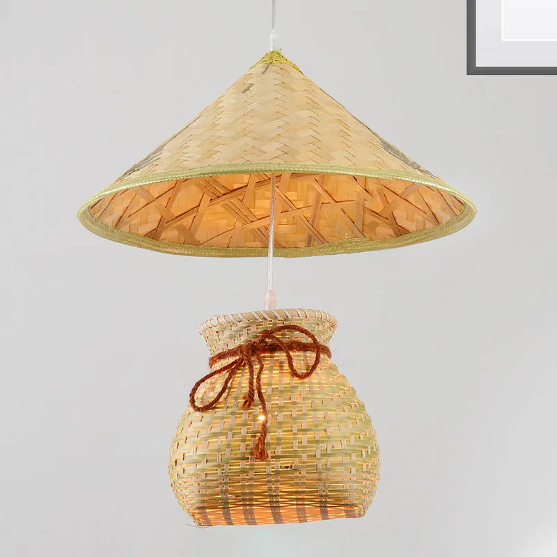 Traditional Bamboo Cone Pendant - 1 Head Wooden Suspended Ceiling Light with Basket