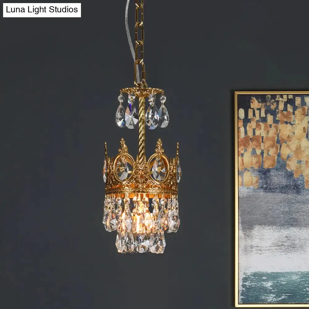 Traditional Crystal Crown Hanging Lamp Kit - Single Bulb Flush Lighting in Brass