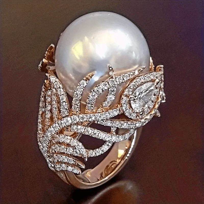 Unique Bling Out Large Faux Pearl Feather Rings