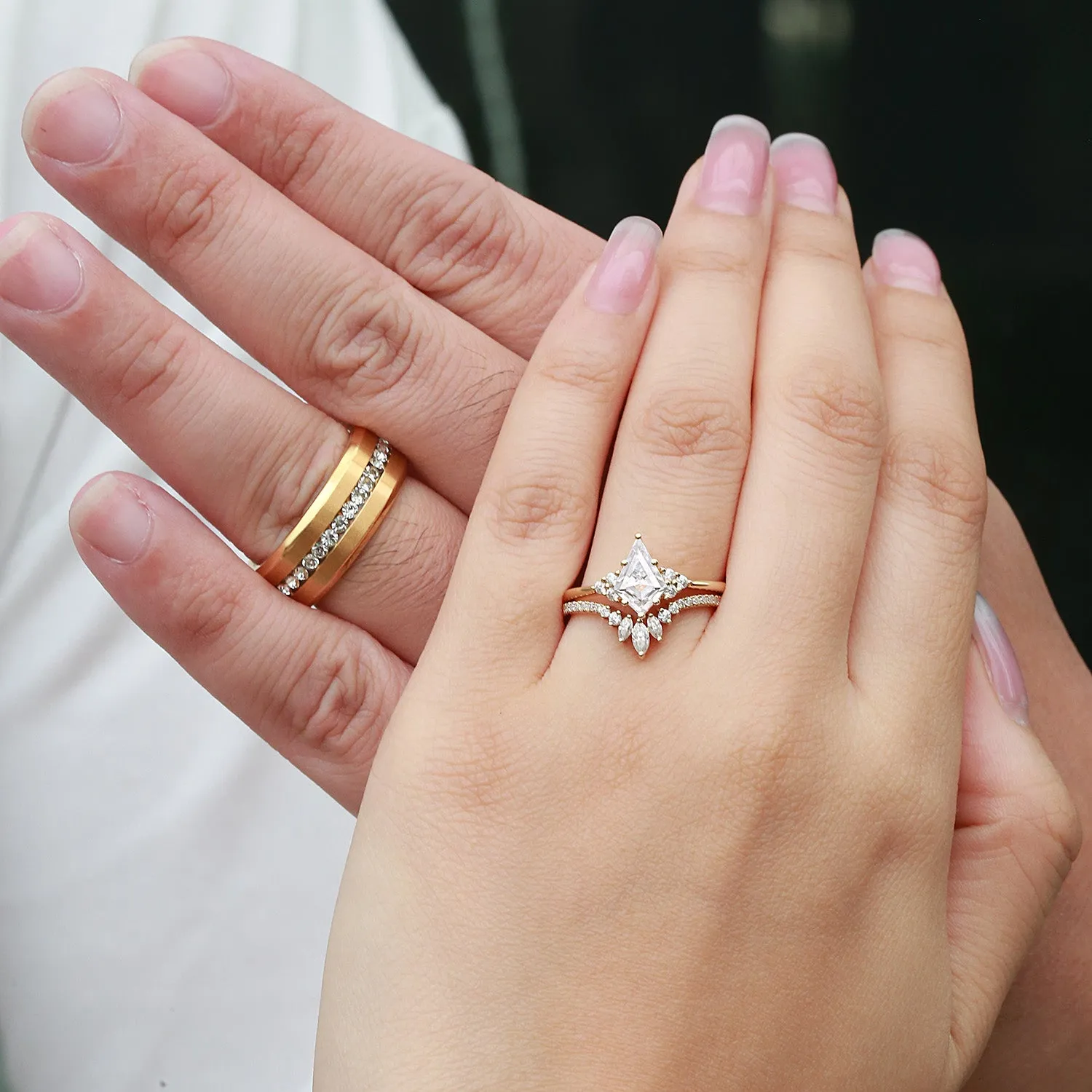 Unique Kite Cut Moissanite Vintage Couple Ring Set 3pcs - Lydia