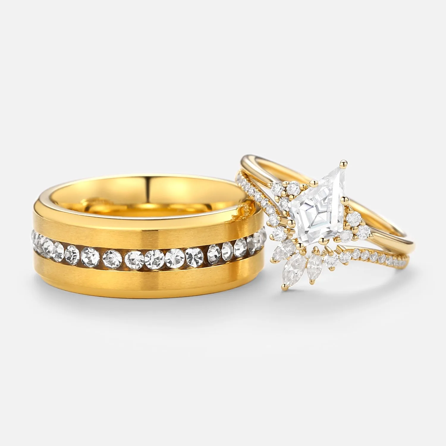Unique Kite Cut Moissanite Vintage Couple Ring Set 3pcs - Lydia