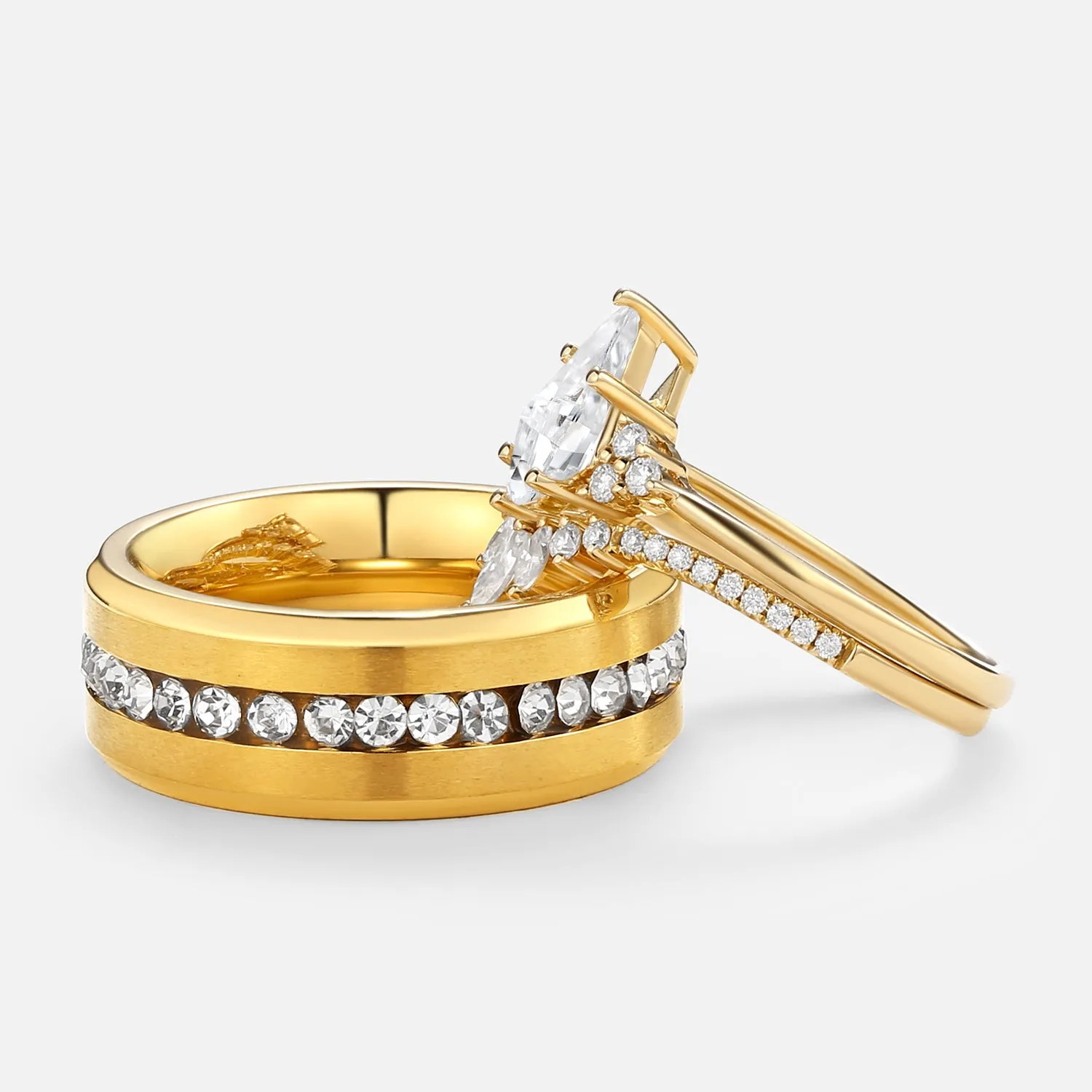 Unique Kite Cut Moissanite Vintage Couple Ring Set 3pcs - Lydia