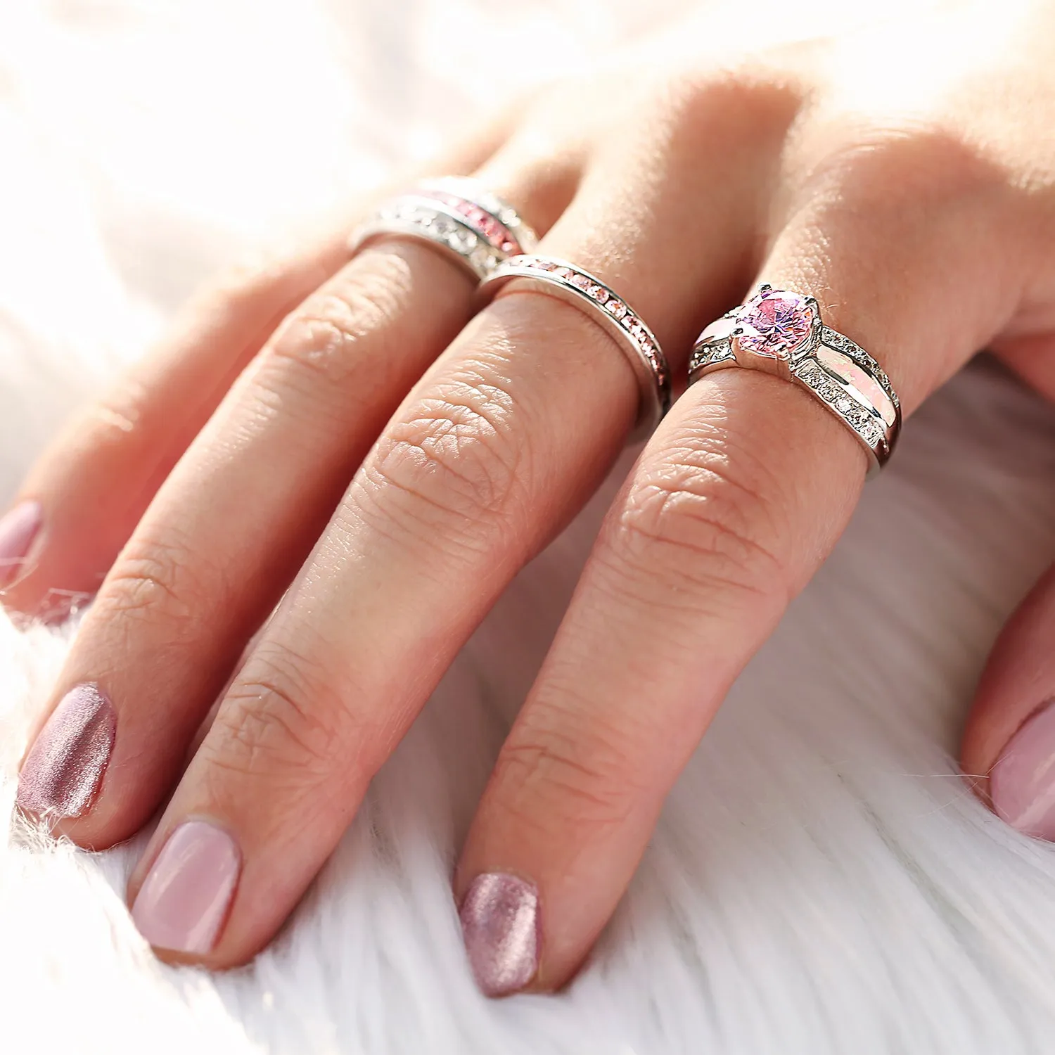 Unique Pink AAA CZ Round Solitaire Engagement Ring with Opal Inlay Band