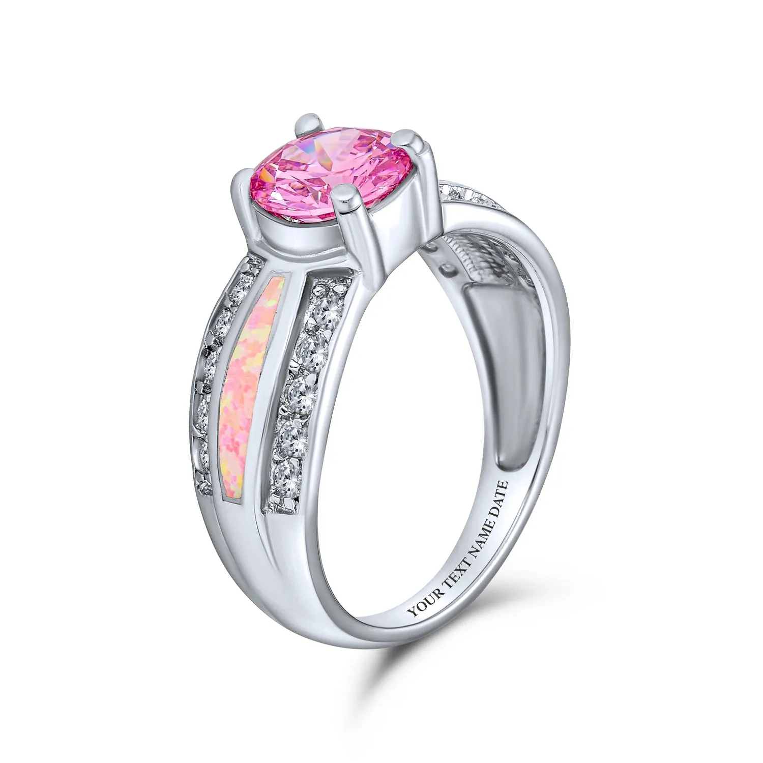 Unique Pink AAA CZ Round Solitaire Engagement Ring with Opal Inlay Band