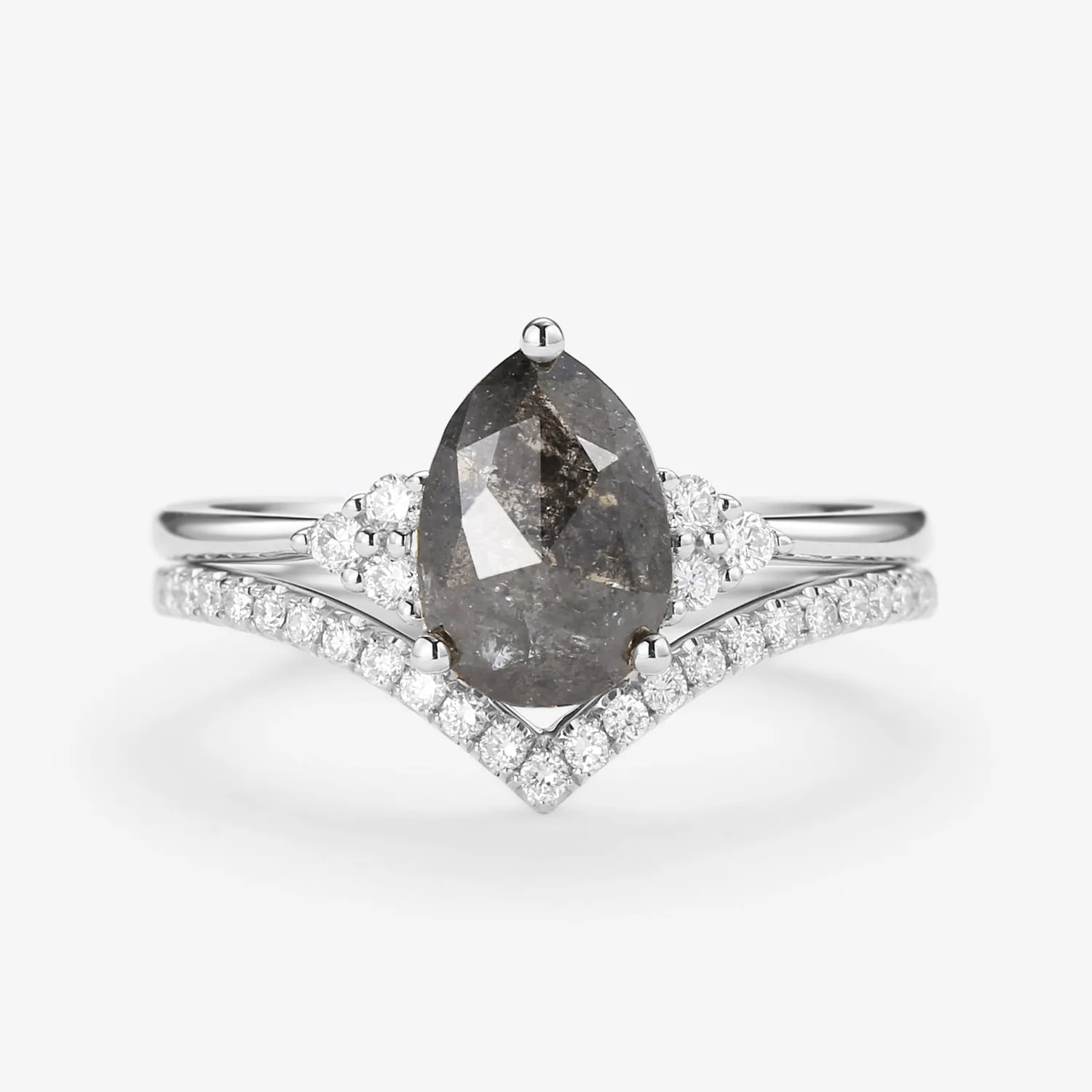 Unique Salt and Pepper Diamonds Pear Cut Engagement Ring Sets 2pcs