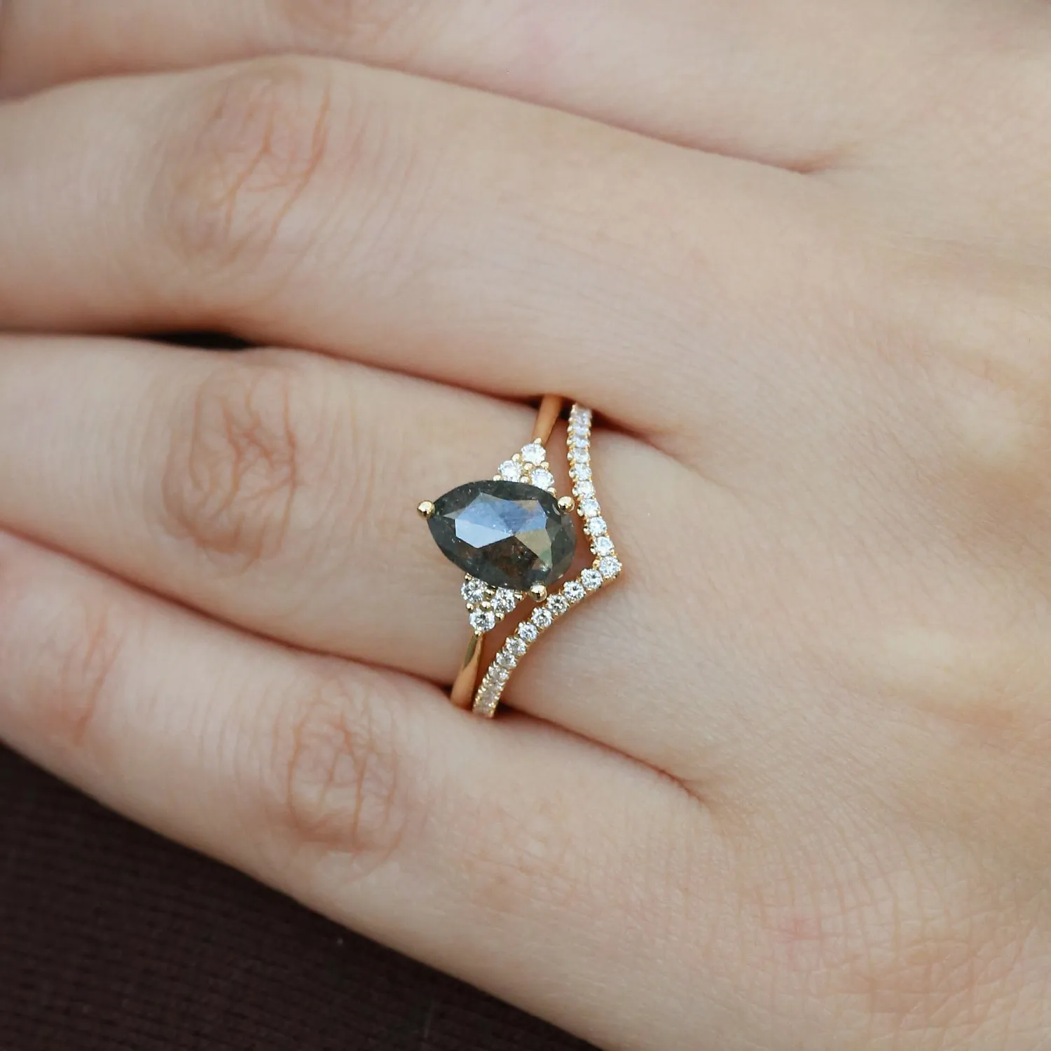 Unique Salt and Pepper Diamonds Pear Cut Engagement Ring Sets 2pcs