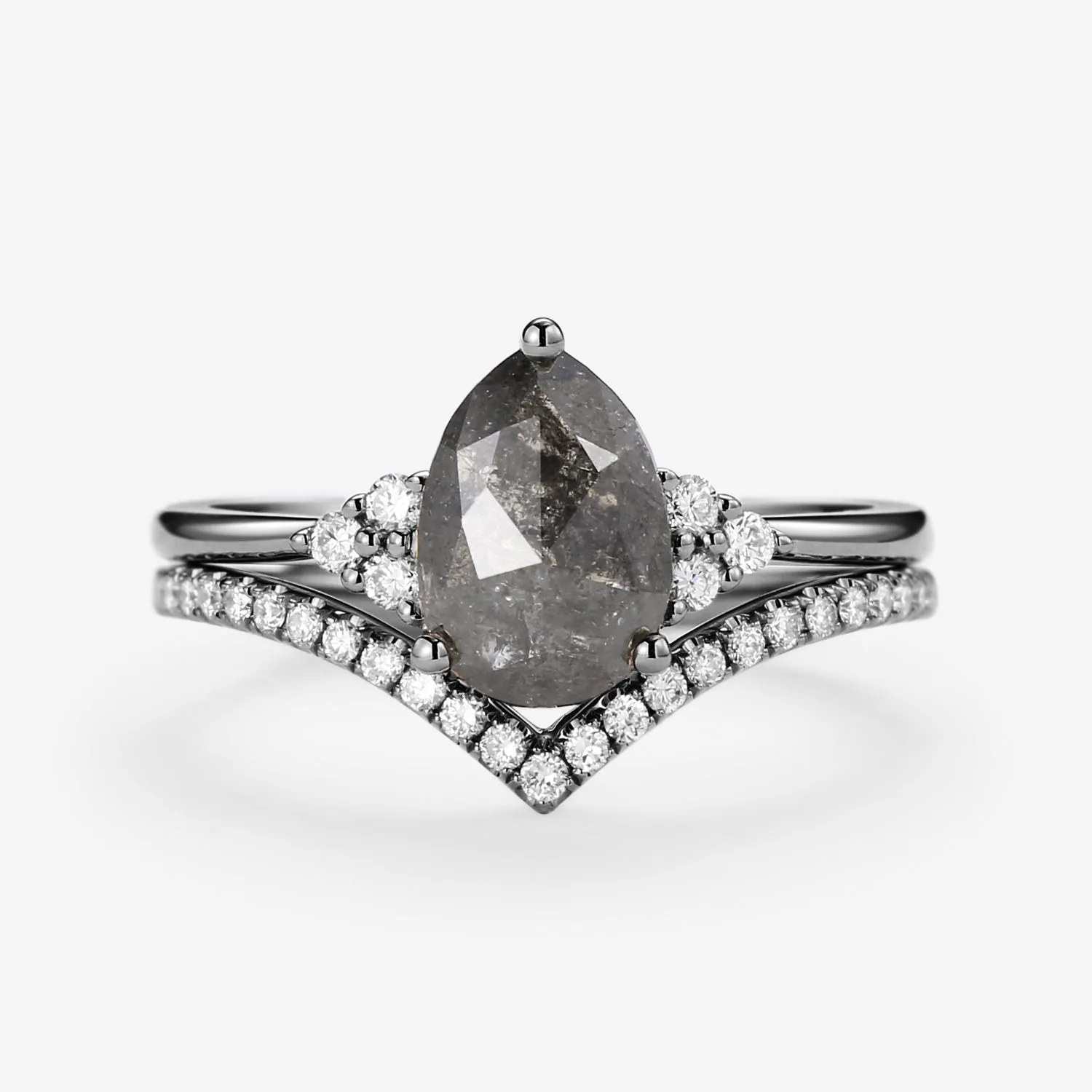 Unique Salt and Pepper Diamonds Pear Cut Engagement Ring Sets 2pcs