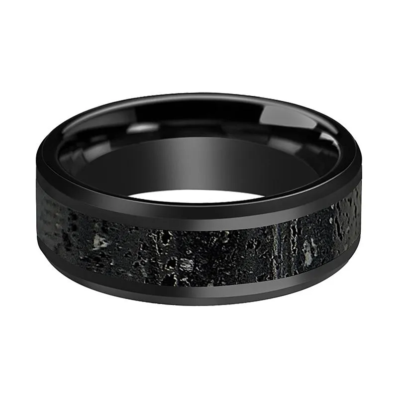 VESUVIUS | Black Ceramic Ring, Lava Rock Stone Inlay, Beveled