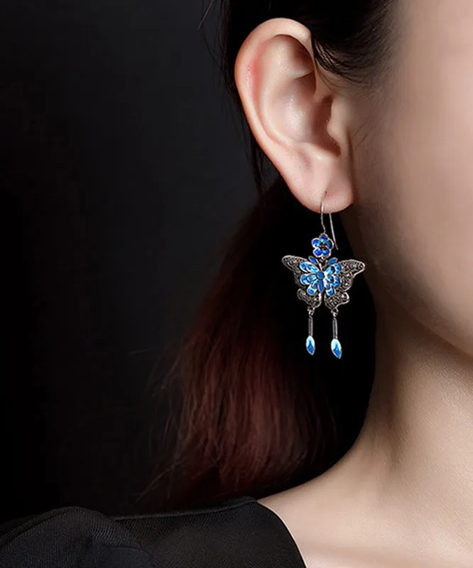 Vintage Boutique Blue Sterling Silver Butterfly Plum Blossom Tassel Drop Earrings QJ026