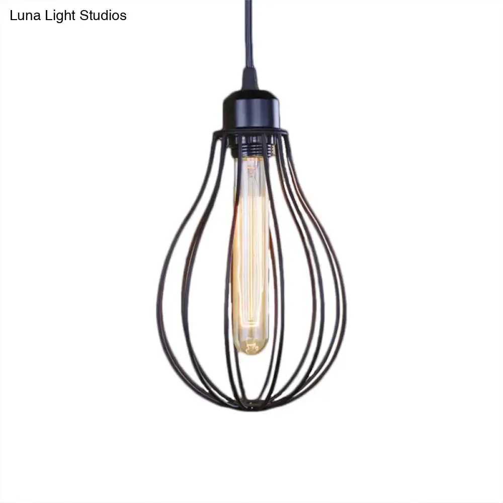 Vintage Industrial Metallic Black/Brass Pendant Ceiling Light with Wire Cage and Bulb Shade