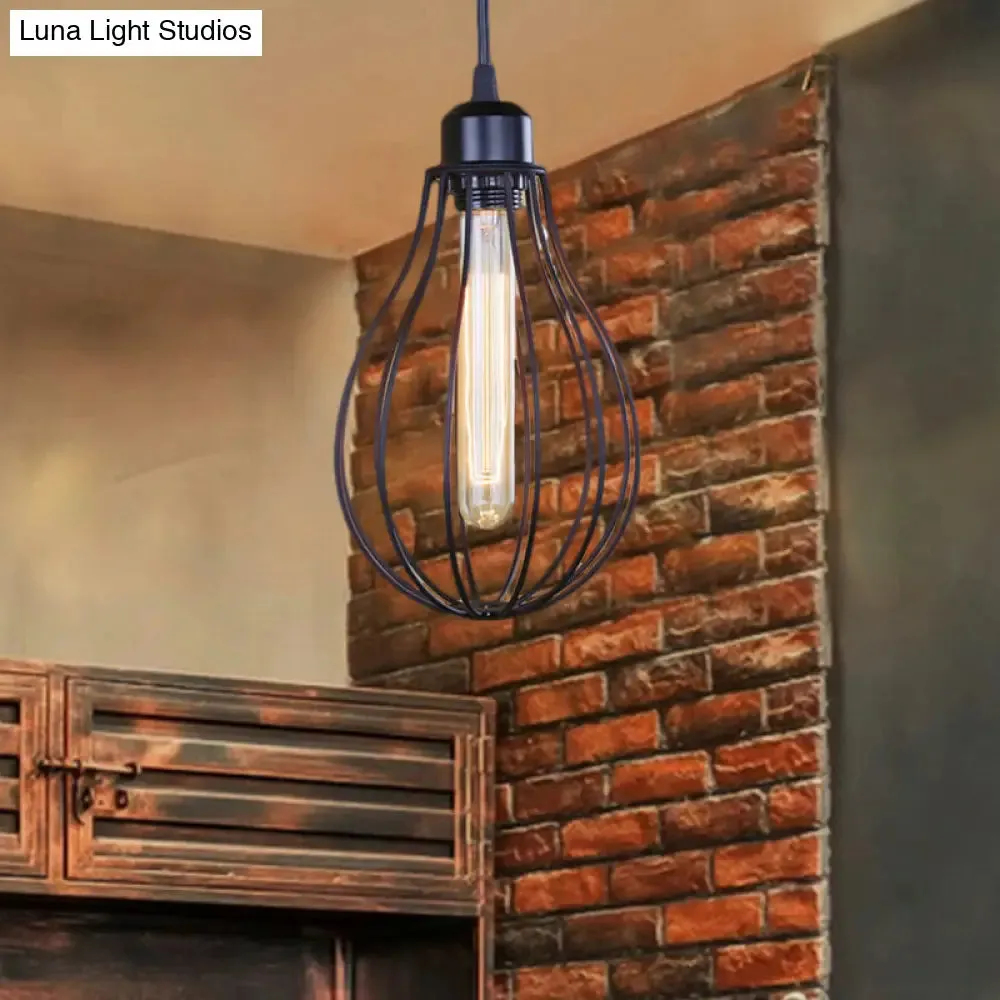 Vintage Industrial Metallic Black/Brass Pendant Ceiling Light with Wire Cage and Bulb Shade