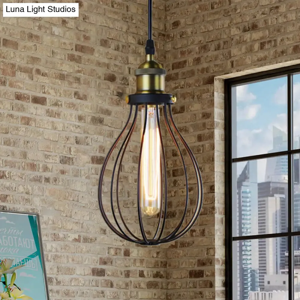 Vintage Industrial Metallic Black/Brass Pendant Ceiling Light with Wire Cage and Bulb Shade