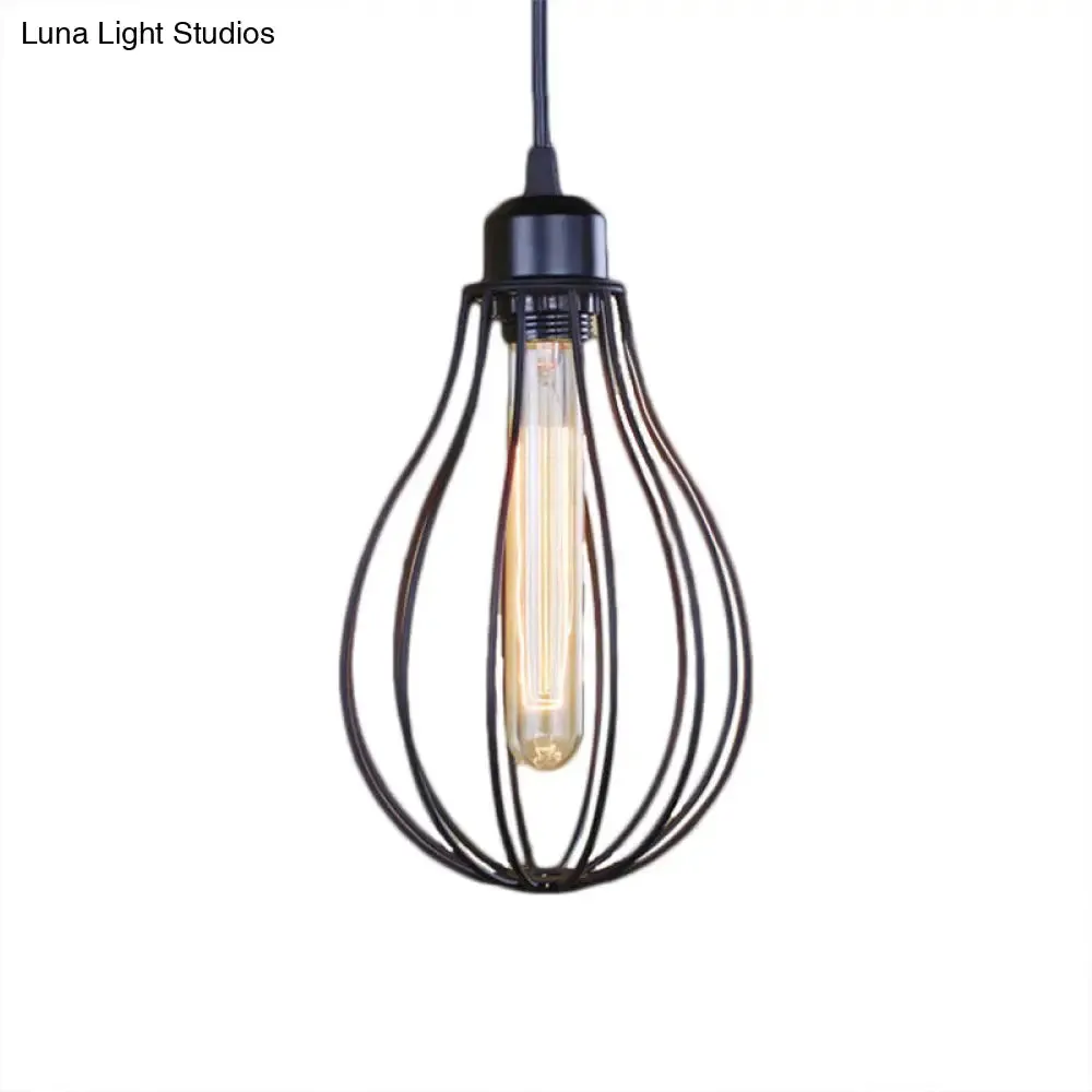 Vintage Industrial Metallic Black/Brass Pendant Ceiling Light with Wire Cage and Bulb Shade