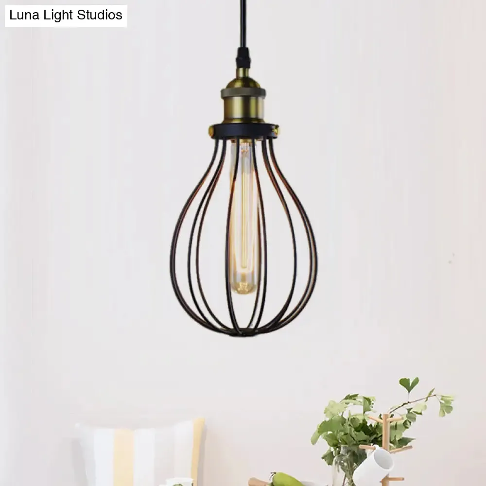 Vintage Industrial Metallic Black/Brass Pendant Ceiling Light with Wire Cage and Bulb Shade