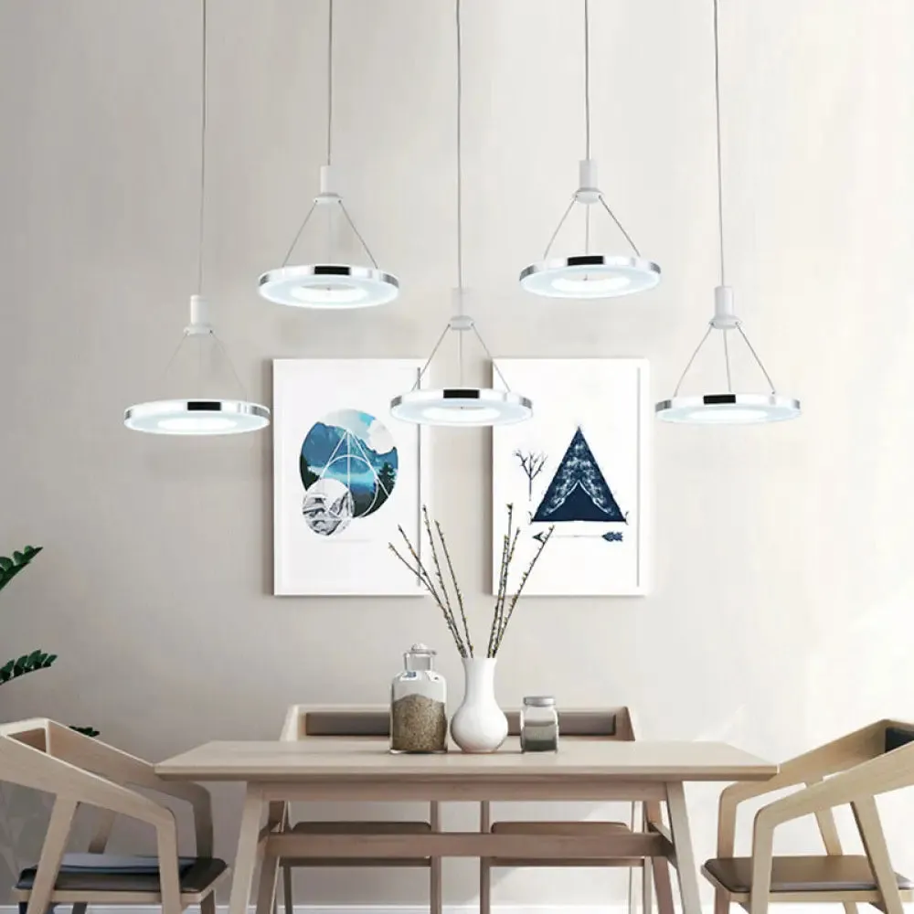White Ring Pendant Light Fixture - Simple Acrylic Ceiling Suspension Lamp - 1/3/5-Head Option - 8"/12" Wide
