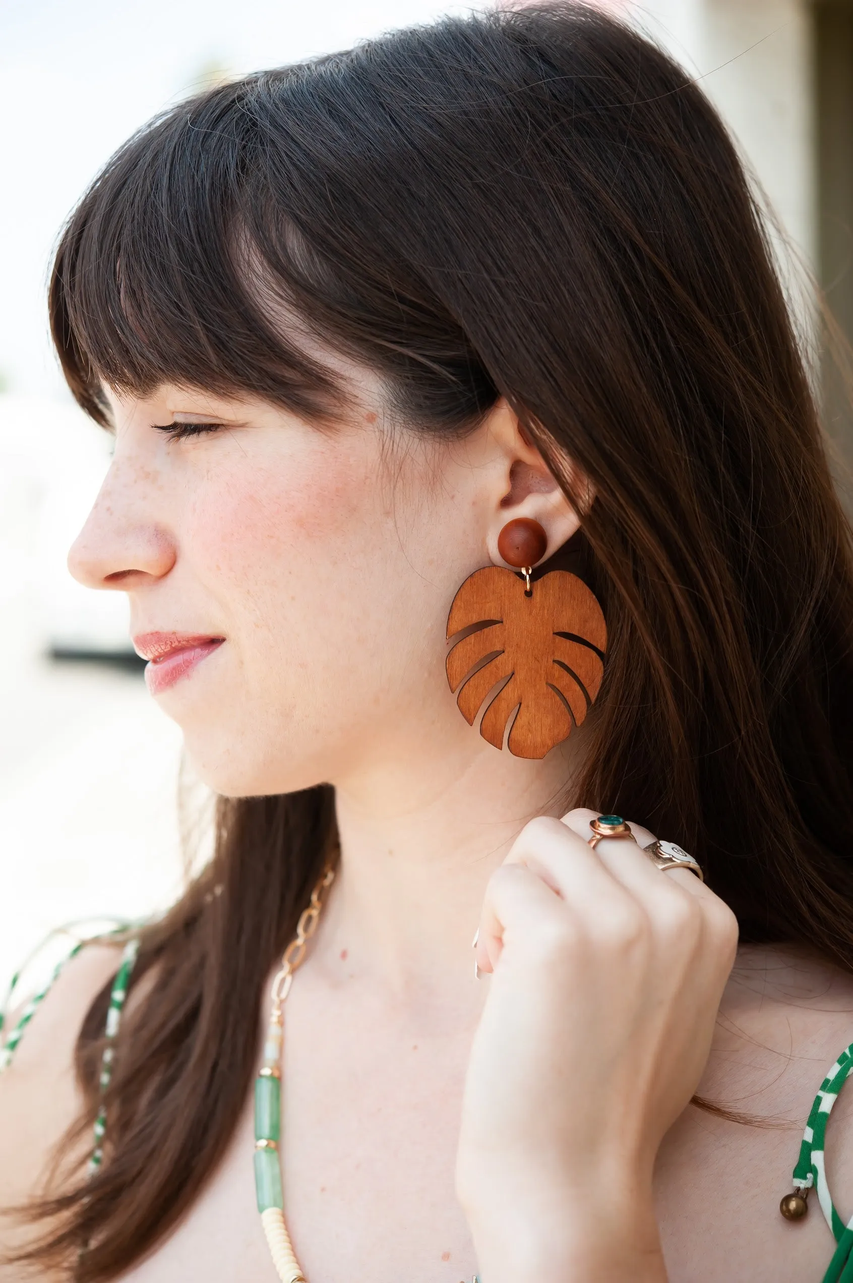 Wood Palm Leaf Earrings | Tropical Lightweight Summer Earrings