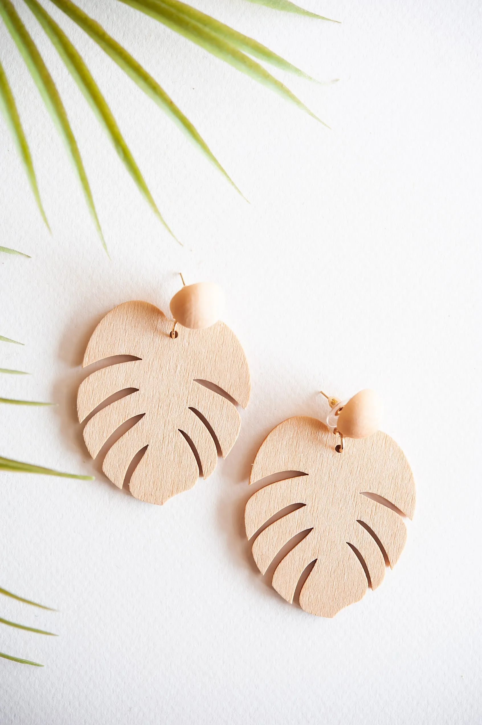 Wood Palm Leaf Earrings | Tropical Lightweight Summer Earrings